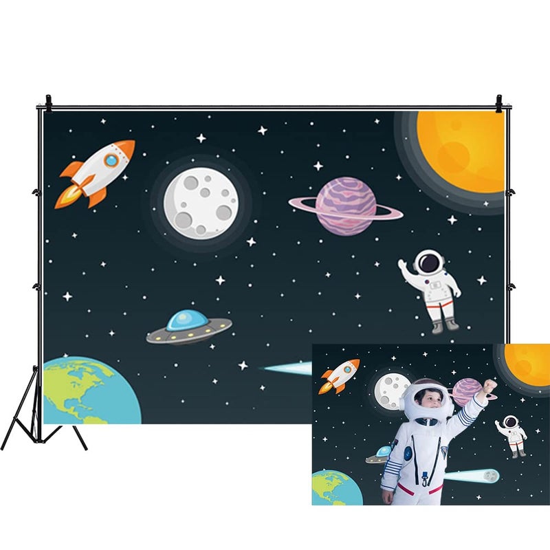 Renaiss 5x3ft Outer Space Backdrop Universe Galaxy Starry Sky Astronaut Rocket Planet Party Photography Background for Kids Boy Baby Shower Birthday Party Decor Photo Studio Props - Image 1
